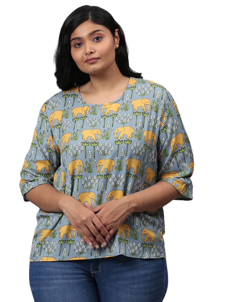 Front of a model wearing a size 5XL Elephant Motif Top in Dusty Blue by Instafab Plus. | dia_product_style_image_id:297563